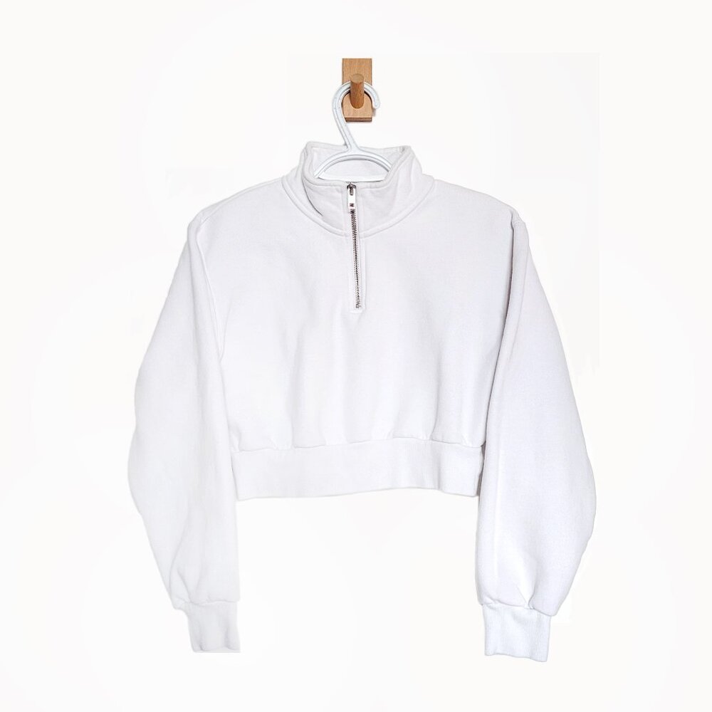Aritzia TNA Fleece White Cropped Quarter-Zip Fleece Sweater - Size XS